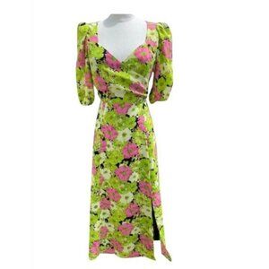 WAYF SURPLICE NECK GREEN MULTI-COLOR FLORAL PRINT MIDI DRESS SIZE XS